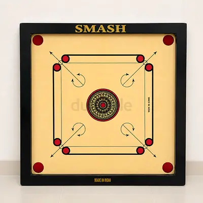 Smash Carrom Board (Standard Size) - Wooden, along with coins and a striker
