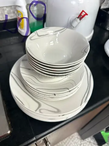 Set of  18 White Ceramic Plates and Bowls with Grey Swirl Pattern - Good Condition