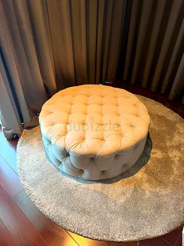 Pottery barn Round Tufted Ottoman Pouffe - Cream Velvet