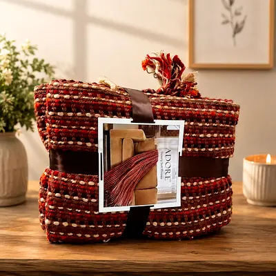 Handwoven Red/Brown Textured Throw Blanket - Cozy Accent Piece