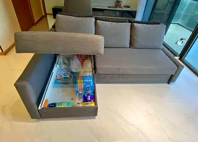 Gray L-shaped Storage Sofa with Removable Cushions - Good Condition