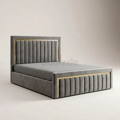 Grey Velvet Upholstered Bed Frame with Padded Headboard and Footboard