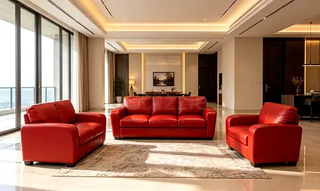 Red Leather 3-Seater Sofa with Two Armchairs - Modern Living Room Set