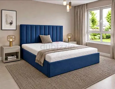 Blue Upholstered Double Bed with Padded Headboard -New