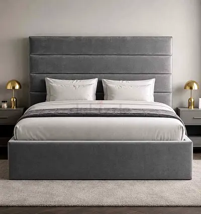 King size upholstered bed frame with tall padded headboard - grey