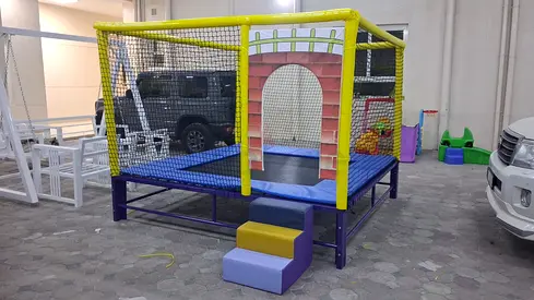 Used Indoor Trampoline Playpen with Safety Net and Steps - Good Condition