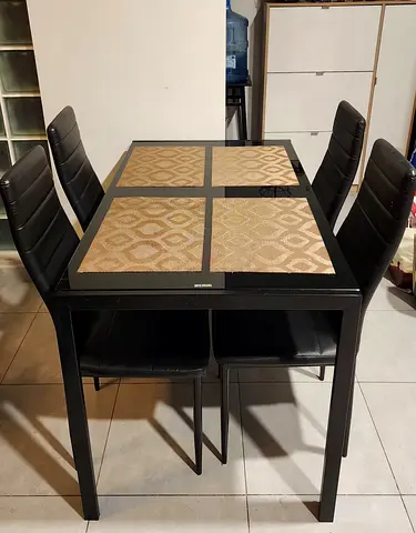 Black 4-Seater Glass Dining Table with Chairs - Modern Compact Set