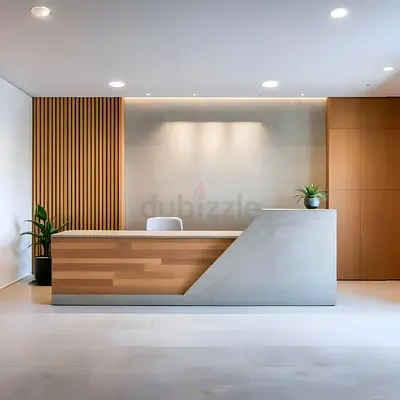 Modern Reception Desk with Wood Paneling and Concrete Finish | Custom made