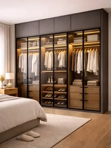 Modern Glass-Door Built-in Wardrobe with LED Lighting