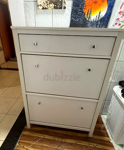 White wooden shoe cabinet with drawers - good condition