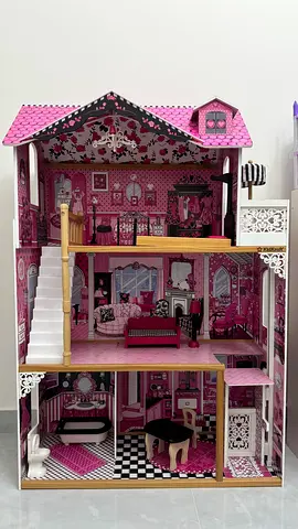 Large Pink Wooden Dollhouse with Furniture - 3-Storey