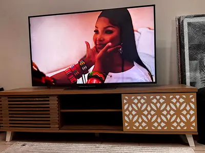 Wood TV Cabinet with 55inch QNED tv. All good condition