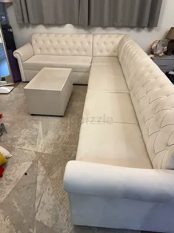 Large L-shaped Beige Velvet Sofa — Good Condition