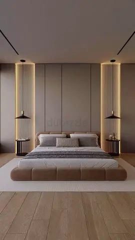 Modern Minimalist King Bed with Headboard and Side Tables