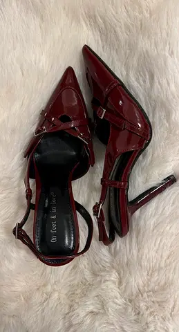 Burgundy Patent Slingback Heels with Buckle Details