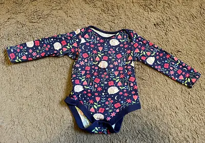 F&F Baby girl long-sleeve cotton bodysuit / onesie - floral hedgehog print, 9-12 months
