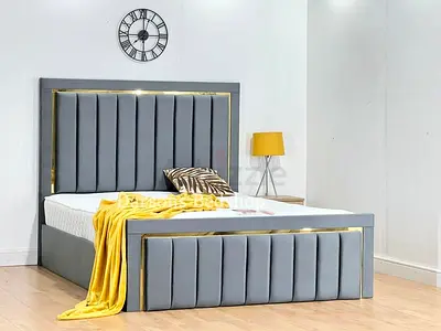 Grey Velvet King Bed with Gold Trim - Modern Upholstered Frame