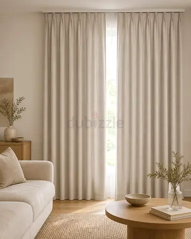 Beige Floor-to-Ceiling Pleated Curtains — Light-Filtering, Ready to Hang