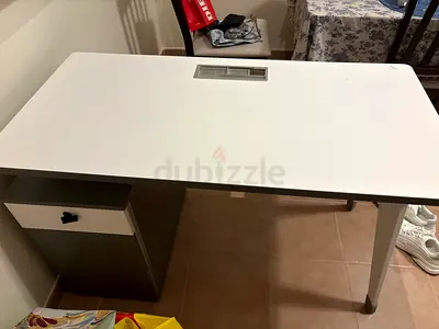 Simple White Study Desk with Drawer and Cable Port