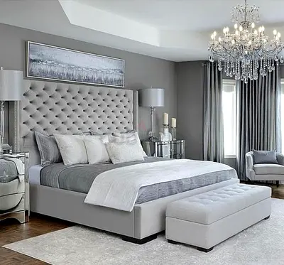 King size upholstered bed frame with tufted headboard and bench - Grey