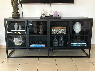 Black Metal & Glass Display Cabinet / Entertainment Console from Crate and Barrels