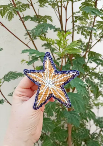 Handmade Beaded Starfish Brooch - Blue & Gold
