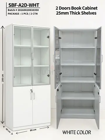 White 2-Door Book Cabinet with Glass Upper Doors and 25mm Shelves (H200cm)