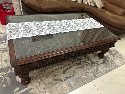 Solid Wood Carved Coffee Table with Glass Top