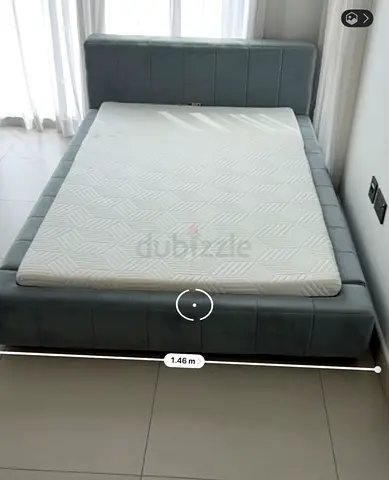 upholstered bed frame with mattress topper - good condition