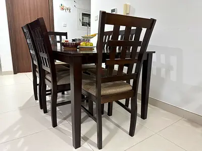 Solid Wood 6-Seater Dining Table with Cushioned Chairs - Dark Finish