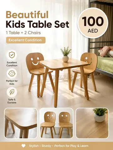 Wooden Kids Table with 2 Smiley Chairs - Excellent Condition