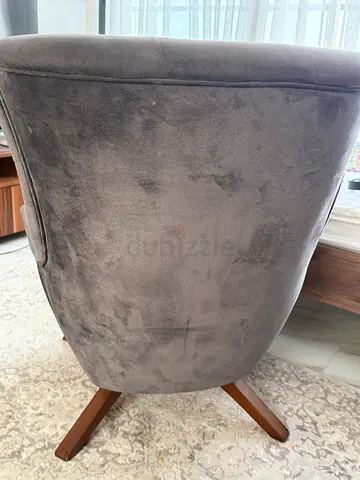Grey velvet accent chair with wooden legs - good condition