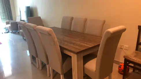 Wooden 8-Seater Dining Table with Upholstered Chairs - Good Condition