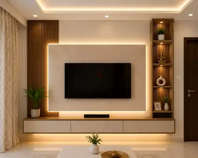 Modern wall-mounted TV entertainment unit with integrated shelving and LED lighting