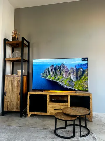Full WEST ELM RUSTIC SETSolid Wood TV Stand with Shelves and 2 Nesting Coffee Tables - Rustic Finish
