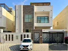 5 master bedrooms, large furnished living room, men's majlis, gym, rooftop terrace, spacious and equ
