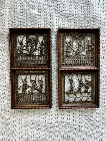 Set of 2 Decorative Brass Wall Panels in Wooden Frames & wooden candle holder