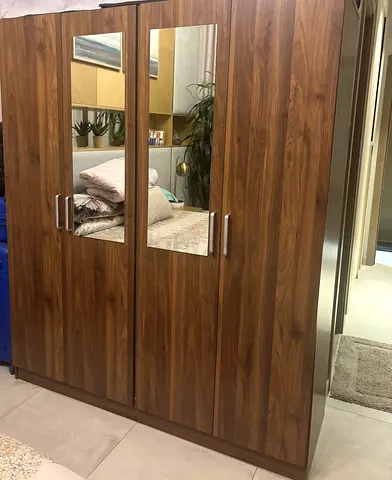 3-Door Wood Finish Wardrobe with Mirrors - Good Condition