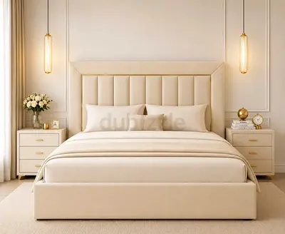 Beige Upholstered Bed Frame with Padded Headboard - Queen/Double (Good Condition)