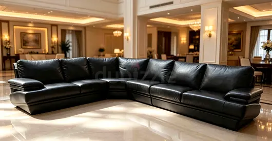 Large Black Leather Corner Sofa — Comfortable L-Shaped 6-Seater