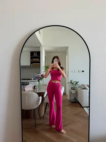 Pink two-piece knit lounge set - top and flare pants, size xs