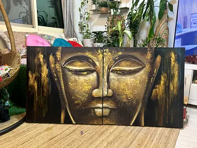 Large handpainted master piece - Golden Buddha - oil on canvas (160 x 160 cm)