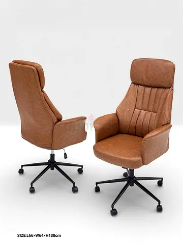 Brown leather swivel office chair with high back and wheels