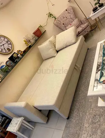 Beige 3-seater Sofa Bed with Cushions - Good Condition