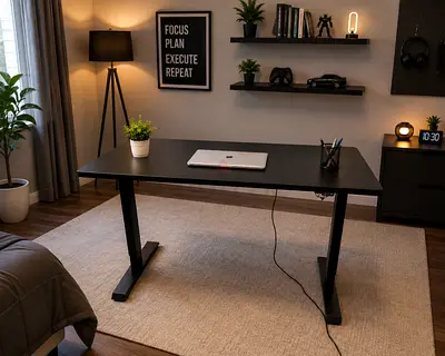 Black adjustable standing desk — good condition