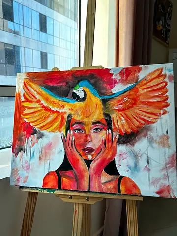 Original Acrylic Painting of Woman with Vibrant Parrot Wings