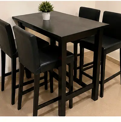 Solid Black Wooden High Dining Table with 4 Upholstered High Chairs
