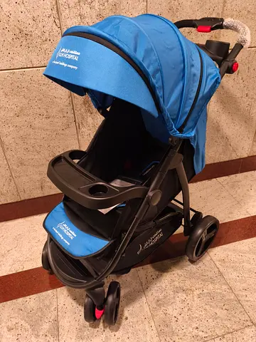 Lightweight Blue Baby Stroller with Snack Tray and Storage Basket