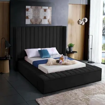 Modern Upholstered Platform Bed with Tall Padded Headboard - Dark Grey