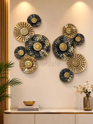 Set of Decorative Metal Wall Plates - Gold & Navy Modern Wall Art (Pair)